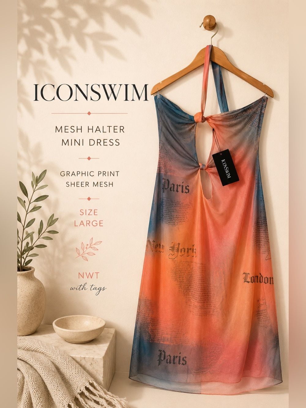 Iconswim Graphic Mesh Halter Mini Dress Size Large NWT